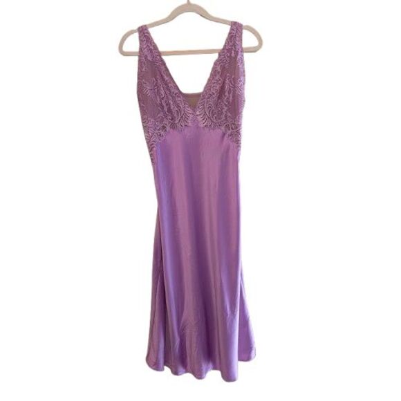 Natori Lace Trim  Chemise Nightgown Slip Dress Womens Large Purple Sheer Back - Picture 1 of 6